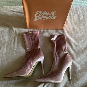 Public Desire baby pink velvet ankle stiletto boots sz. 8